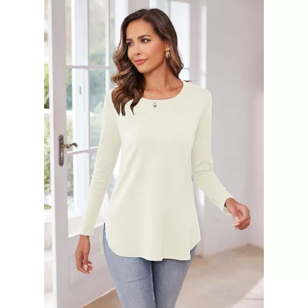 Herou Womens Casual Long Sleeve T Shirt Crewneck with Side Split Fall Pullover Loose Tunic Sweater Tops0white