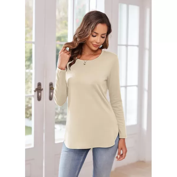 Herou Womens Casual Long Sleeve T Shirt Crewneck with Side Split Fall Pullover Loose Tunic Sweater TopsApricot