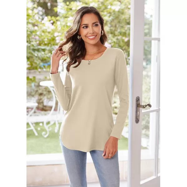 Herou Womens Casual Long Sleeve T Shirt Crewneck with Side Split Fall Pullover Loose Tunic Sweater TopsApricot