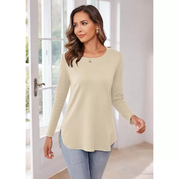 Herou Womens Casual Long Sleeve T Shirt Crewneck with Side Split Fall Pullover Loose Tunic Sweater TopsApricot
