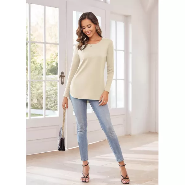 Herou Womens Casual Long Sleeve T Shirt Crewneck with Side Split Fall Pullover Loose Tunic Sweater TopsApricot