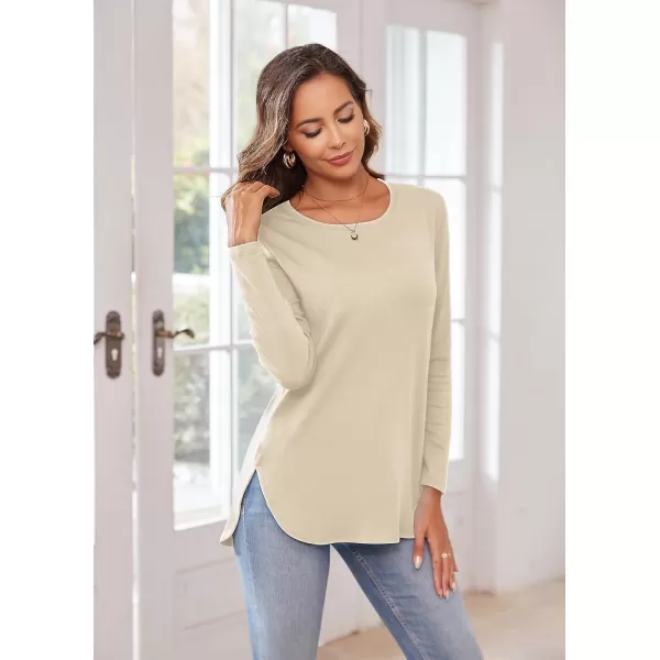 Herou Womens Casual Long Sleeve T Shirt Crewneck with Side Split Fall Pullover Loose Tunic Sweater TopsApricot