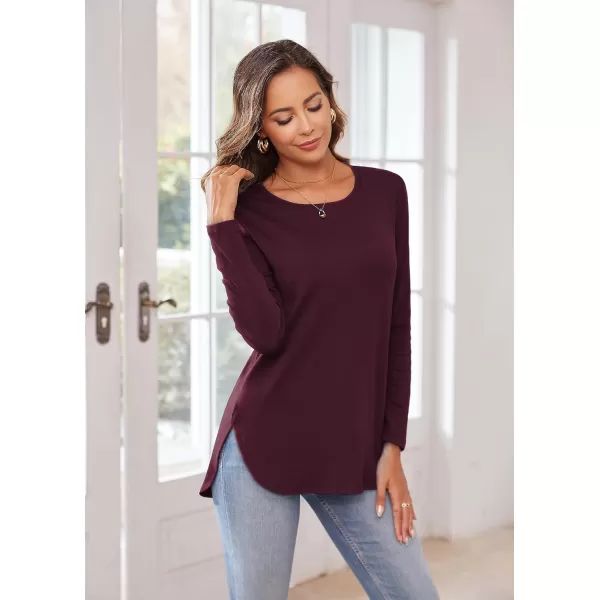 Herou Womens Casual Long Sleeve T Shirt Crewneck with Side Split Fall Pullover Loose Tunic Sweater TopsBurgundy Red