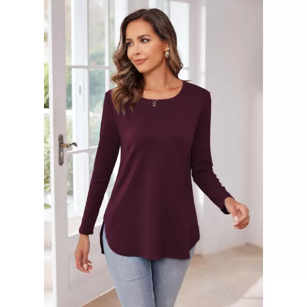 Herou Womens Casual Long Sleeve T Shirt Crewneck with Side Split Fall Pullover Loose Tunic Sweater TopsBurgundy Red
