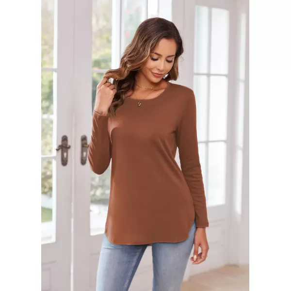Herou Womens Casual Long Sleeve T Shirt Crewneck with Side Split Fall Pullover Loose Tunic Sweater TopsCoffee