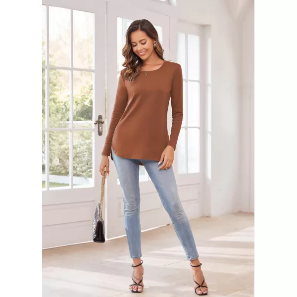 Herou Womens Casual Long Sleeve T Shirt Crewneck with Side Split Fall Pullover Loose Tunic Sweater TopsCoffee