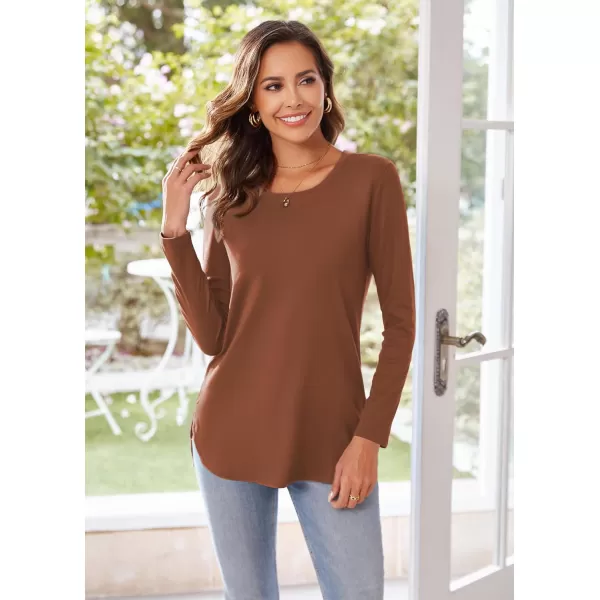 Herou Womens Casual Long Sleeve T Shirt Crewneck with Side Split Fall Pullover Loose Tunic Sweater TopsCoffee