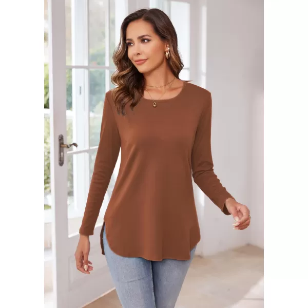 Herou Womens Casual Long Sleeve T Shirt Crewneck with Side Split Fall Pullover Loose Tunic Sweater TopsCoffee