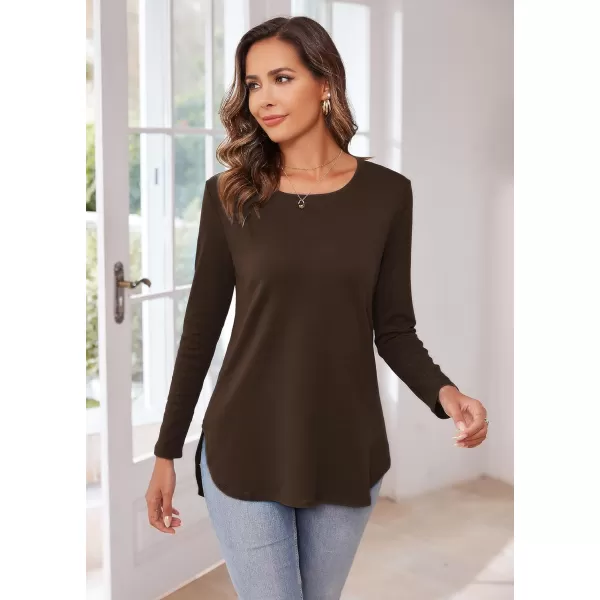 Herou Womens Casual Long Sleeve T Shirt Crewneck with Side Split Fall Pullover Loose Tunic Sweater TopsDeep Coffee