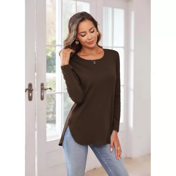 Herou Womens Casual Long Sleeve T Shirt Crewneck with Side Split Fall Pullover Loose Tunic Sweater TopsDeep Coffee