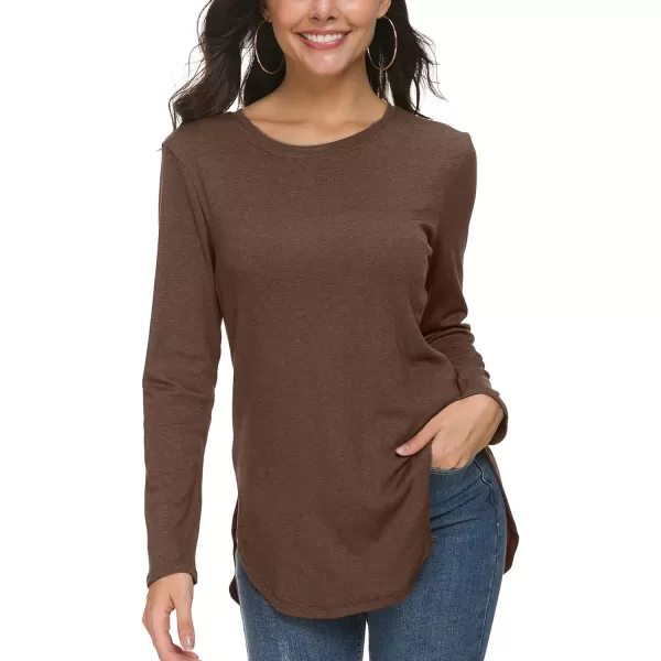 Herou Womens Casual Long Sleeve T Shirt Crewneck with Side Split Fall Pullover Loose Tunic Sweater TopsHeather Coffee