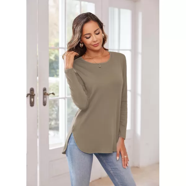 Herou Womens Casual Long Sleeve T Shirt Crewneck with Side Split Fall Pullover Loose Tunic Sweater TopsLight Coffee