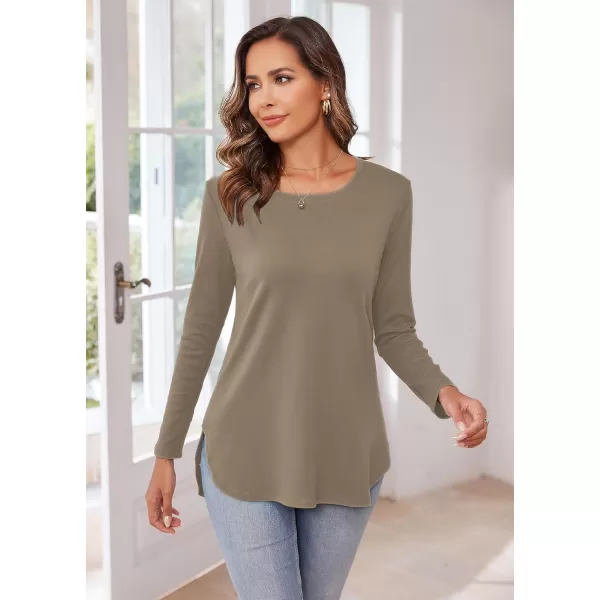 Herou Womens Casual Long Sleeve T Shirt Crewneck with Side Split Fall Pullover Loose Tunic Sweater TopsLight Coffee