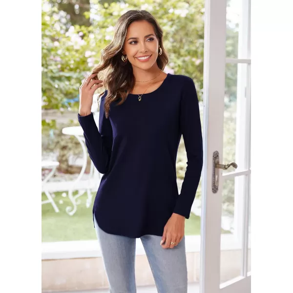Herou Womens Casual Long Sleeve T Shirt Crewneck with Side Split Fall Pullover Loose Tunic Sweater TopsNavy Blue