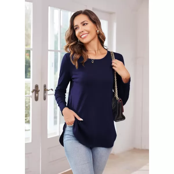 Herou Womens Casual Long Sleeve T Shirt Crewneck with Side Split Fall Pullover Loose Tunic Sweater TopsNavy Blue