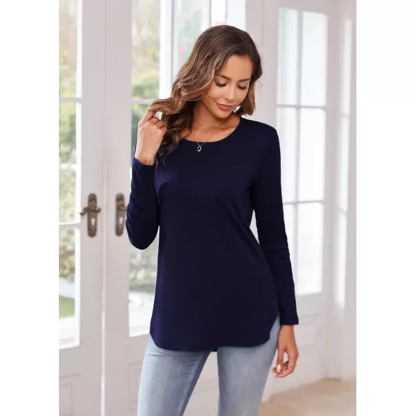 Herou Womens Casual Long Sleeve T Shirt Crewneck with Side Split Fall Pullover Loose Tunic Sweater TopsNavy Blue