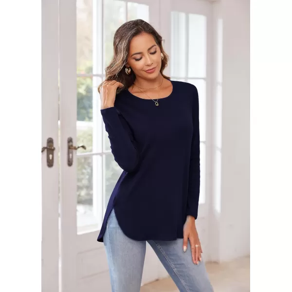 Herou Womens Casual Long Sleeve T Shirt Crewneck with Side Split Fall Pullover Loose Tunic Sweater TopsNavy Blue