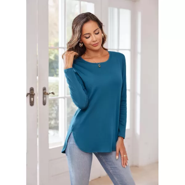 Herou Womens Casual Long Sleeve T Shirt Crewneck with Side Split Fall Pullover Loose Tunic Sweater TopsTeal Blue