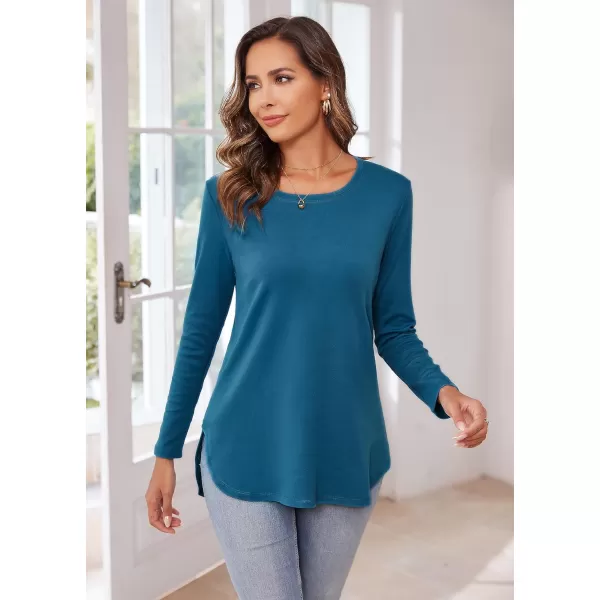 Herou Womens Casual Long Sleeve T Shirt Crewneck with Side Split Fall Pullover Loose Tunic Sweater TopsTeal Blue