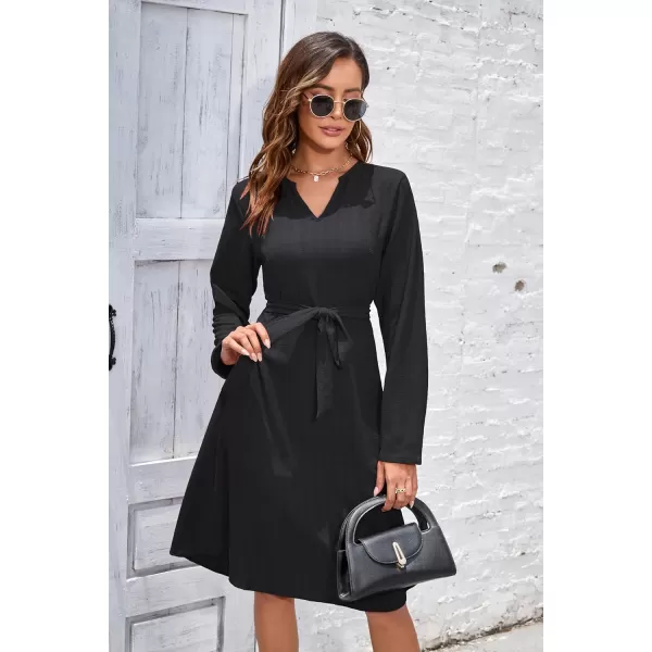 Herou Womens Long Sleeve V Neck Belted Tie Waist Elegant Plaid DressBlack