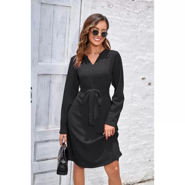 Herou Womens Long Sleeve V Neck Belted Tie Waist Elegant Plaid DressBlack