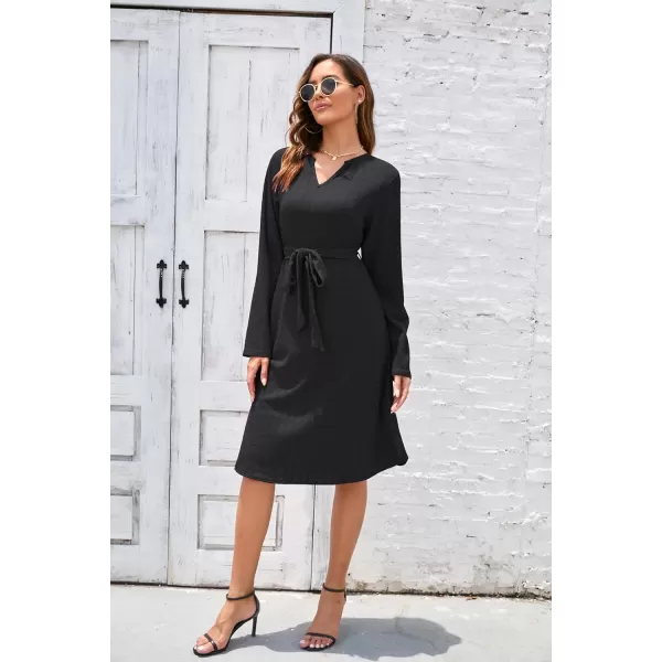 Herou Womens Long Sleeve V Neck Belted Tie Waist Elegant Plaid DressBlack