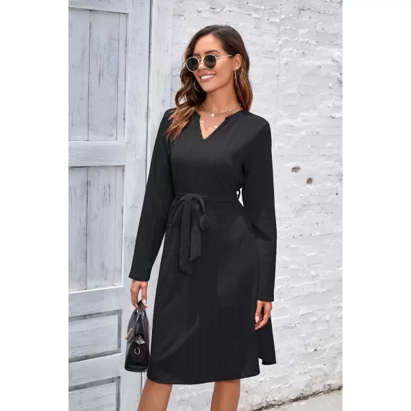 Herou Womens Long Sleeve V Neck Belted Tie Waist Elegant Plaid DressBlack