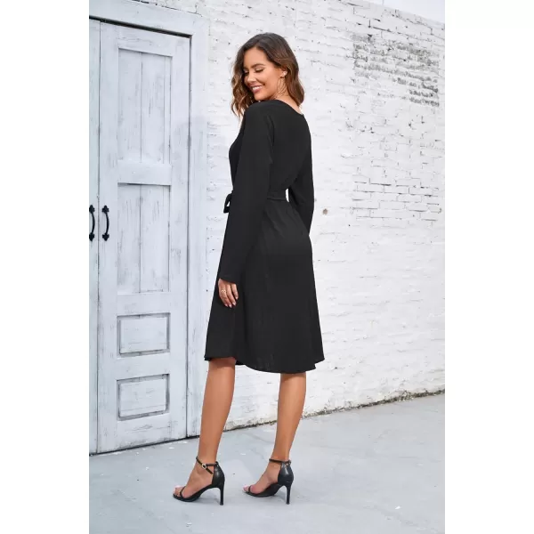 Herou Womens Long Sleeve V Neck Belted Tie Waist Elegant Plaid DressBlack