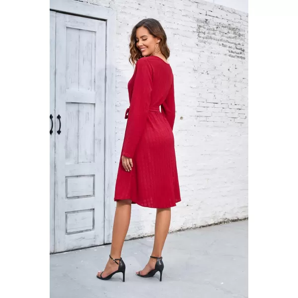Herou Womens Long Sleeve V Neck Belted Tie Waist Elegant Plaid DressRed