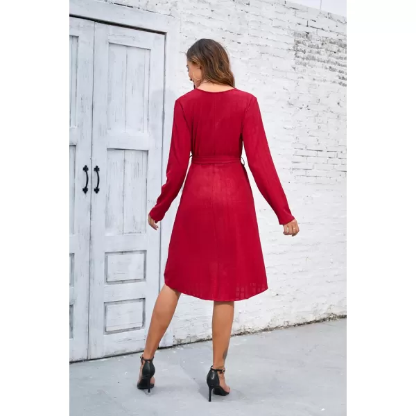 Herou Womens Long Sleeve V Neck Belted Tie Waist Elegant Plaid DressRed