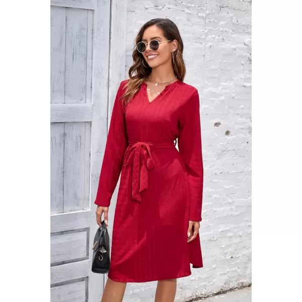 Herou Womens Long Sleeve V Neck Belted Tie Waist Elegant Plaid DressRed