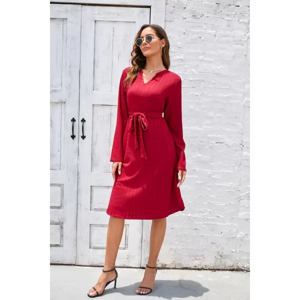 Herou Womens Long Sleeve V Neck Belted Tie Waist Elegant Plaid DressRed