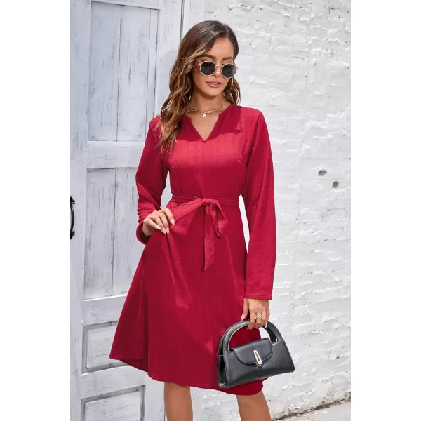 Herou Womens Long Sleeve V Neck Belted Tie Waist Elegant Plaid DressRed