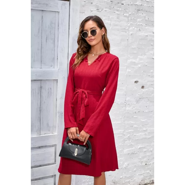 Herou Womens Long Sleeve V Neck Belted Tie Waist Elegant Plaid DressRed