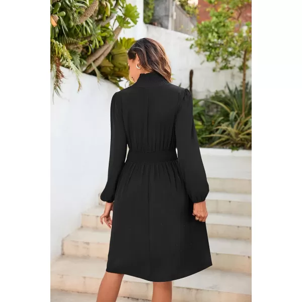 Herou Womens Mock Neck Long Sleeve Casual Elastic Waist ALine Cocktail DressBlack