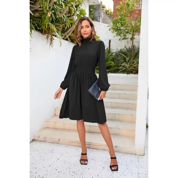Herou Womens Mock Neck Long Sleeve Casual Elastic Waist ALine Cocktail DressBlack