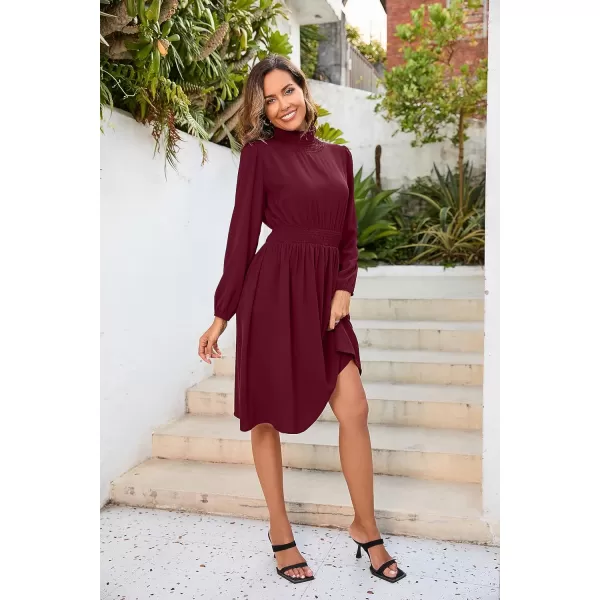 Herou Womens Mock Neck Long Sleeve Casual Elastic Waist ALine Cocktail DressRed