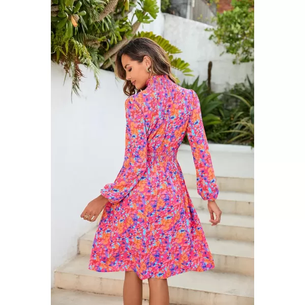 Herou Womens Mock Neck Long Sleeve Casual Elastic Waist ALine Cocktail DressRose Flower