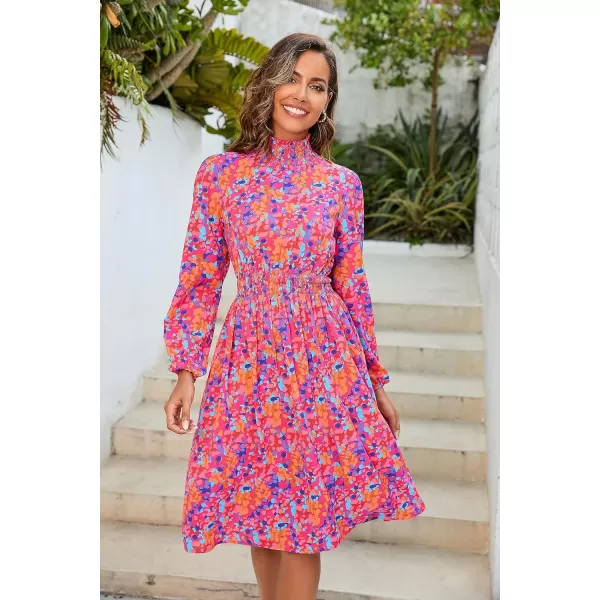 Herou Womens Mock Neck Long Sleeve Casual Elastic Waist ALine Cocktail DressRose Flower