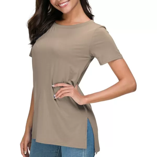 Herou Summer Women Casual Short Sleeve Tops TShirts Tees with Side Split1light Coffee