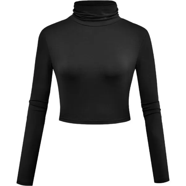 Herou Women Long Sleeve Crop Top Turtleneck Soft Lightweight Basic Slim Fit Tops1black