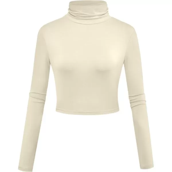 Herou Women Long Sleeve Crop Top Turtleneck Soft Lightweight Basic Slim Fit TopsApricot