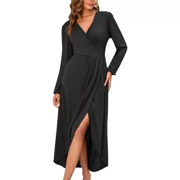 Herou Women Wrap VNeck Long Sleeve Split Hem Midi Sexy Cocktail Party DressBlack