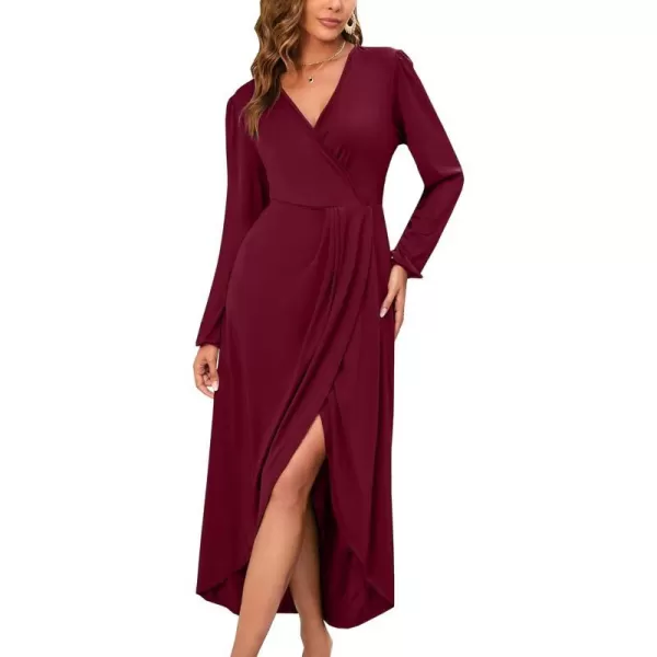 Herou Women Wrap VNeck Long Sleeve Split Hem Midi Sexy Cocktail Party DressRed