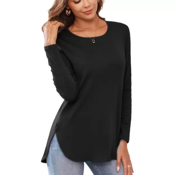 Herou Womens Casual Long Sleeve T Shirt Crewneck with Side Split Fall Pullover Loose Tunic Sweater Tops0black