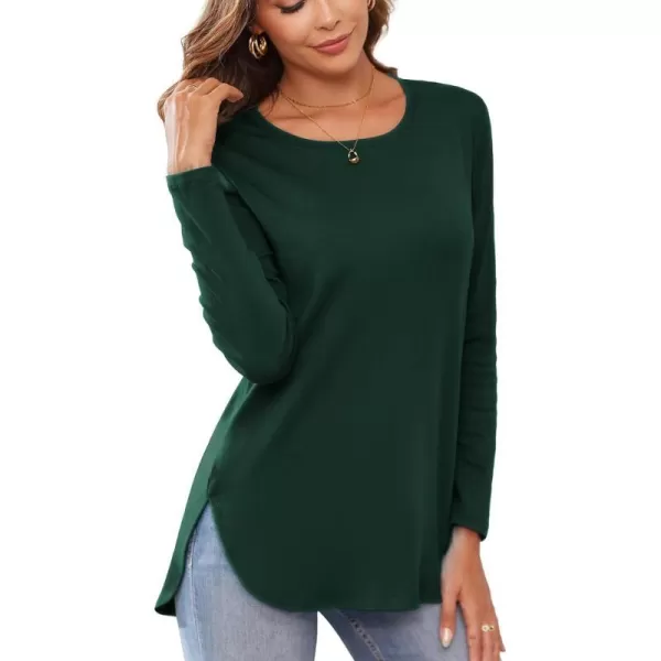 Herou Womens Casual Long Sleeve T Shirt Crewneck with Side Split Fall Pullover Loose Tunic Sweater TopsGreen