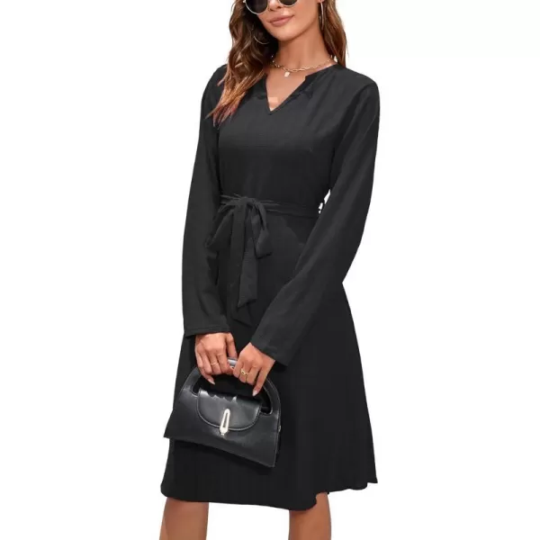 Herou Womens Long Sleeve V Neck Belted Tie Waist Elegant Plaid DressBlack