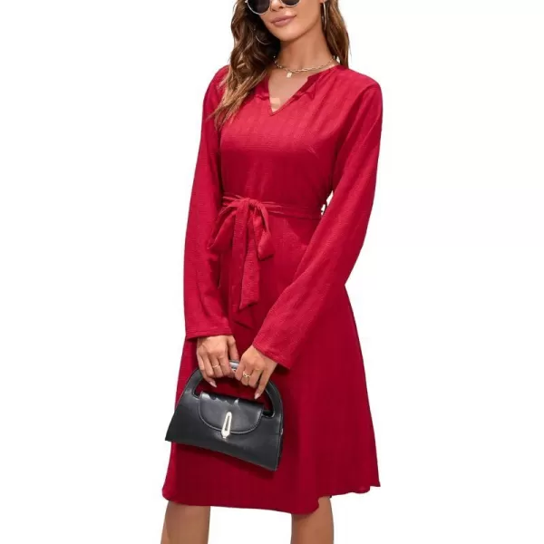 Herou Womens Long Sleeve V Neck Belted Tie Waist Elegant Plaid DressRed