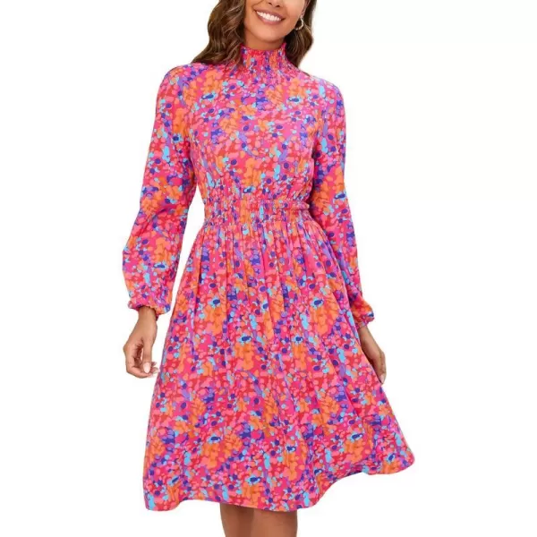 Herou Womens Mock Neck Long Sleeve Casual Elastic Waist ALine Cocktail DressRose Flower