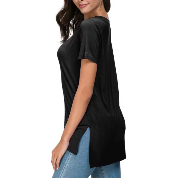 Herou Summer Women Casual Short Sleeve Tops TShirts Tees with Side Split0black
